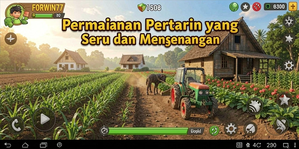 Screenshot gameplay FORWIN77 yang menunjukkan ladang pertanian yang subur.