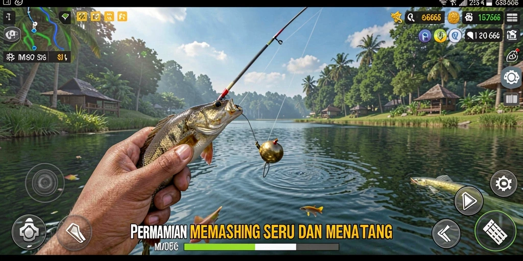 Tampilan gameplay seru dalam MPO666 saat menangkap ikan.