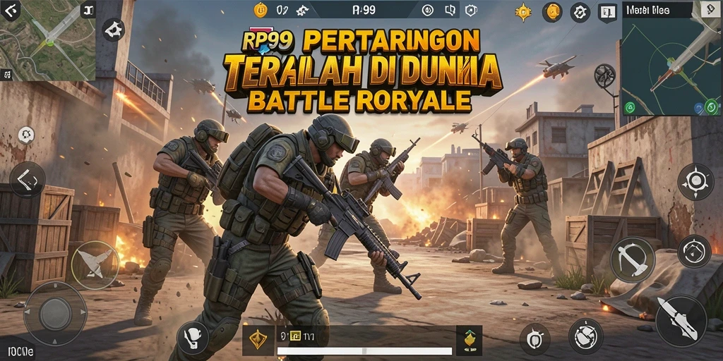 Screenshot utama RP99 menampilkan aksi gameplay Battle Royale yang intens.