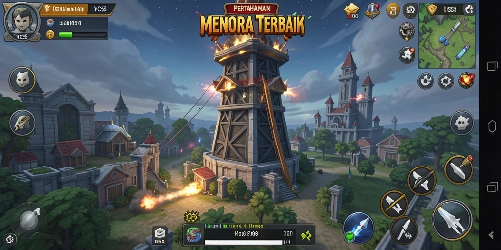 Tangkapan layar gameplay VC55 menampilkan pertahanan menara yang epik dalam aksi.